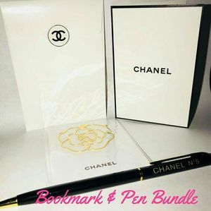 CHANEL GOLD METAL CAMELLIA FLOWER BOOKMARK & PEN